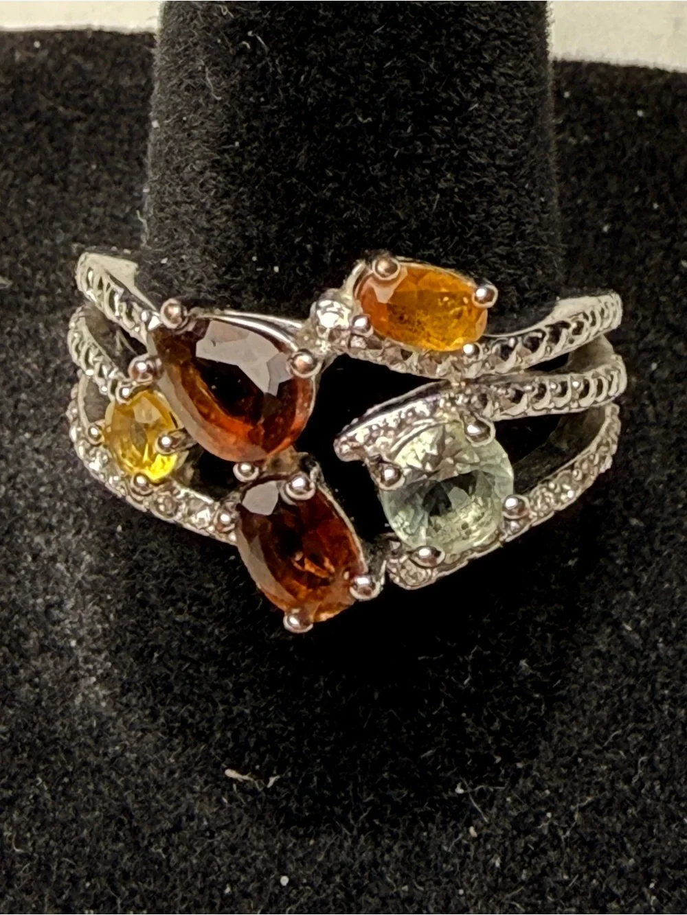 Vintage NVC Fall Rhinestone Cocktail Ring Size 8 Silver Tone Multi Band
